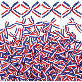 200 Pcs Mini Red Blue White Bows Small 4th of July Patriotic Twist Tie Bows Independence Day Bowknot Fourth of July Tree Ribbon for Gift Wrapping DIY Craft Party Decor(Striped Style)
