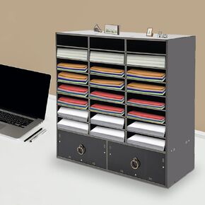 24-Compartment Storage Cabinet with 2 Large Drawers, Black, for Organizing Books, Magazines, and Files