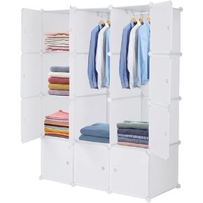 12-Cube Stackable Plastic Organizer with Hanging Rod – Multifunctional Modular Closet Cabinet for Home, Office | White Storage Shelves, Adjustable Cubby Shelving for Clothes, Shoes, Toys