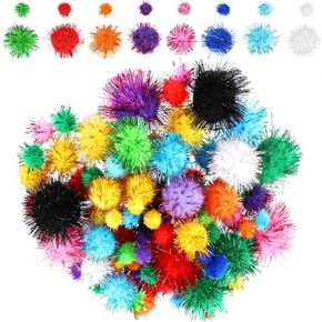 100Pcs Color Flash Cat Toy Balls, Craft Cat Toy Balls with Tinsel, Soft Fluffy Puff Ball for Crafts, Sparkle Glitter Cotton Ball for Kittens Exercise