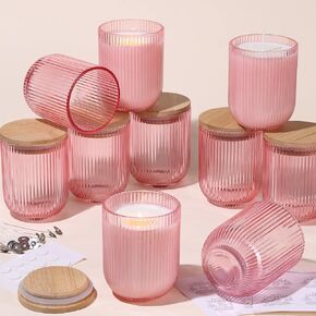 12PCS Milky White Ribbed Candle Jars for Making Candles, 8.5 OZ Empty Glass Candle Making Jars with Bamboo Lids, Candle Wick Kit and Sticky Warning Labels, Candle Vessels for Candle Making