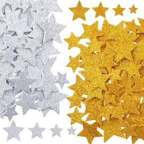 100PCS Glitter Foam Star Stickers, Gold Silver Star Glitter Foam Stickers, 4 Sizes Self Adhesive Christmas Foam Stars, Decals Decorations Supplies for Parties, Halloween, DIY Crafts