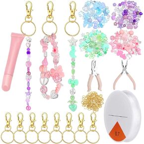 Zeyune 272 Pcs Lip Gloss Keychain Making Kit Assorted Acrylic Beads 10 Keychain Clips Jump Rings Elastic Rope, Pliers Hole Puncher for DIY Jewelry Crafts Lip Balm Women