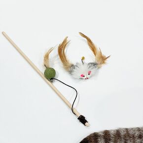 Cat Wand Toy with Catnip Ball, Feathers & Bell - 2 Replaceable Mouse Heads, Elastic Rope & Wooden Handle for Aggressive Kittens, Durable Bite-Proof Interactive Cat Teaser for Indoor Play