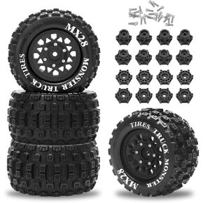 MX28 F/R 2.8 "MT RC TIRES مع 12 مم/14 ملم محول RC العجلات والإطارات مجموعة 1/10 مقياس RC TRACK TIRES لدعامات ARRMA BIG ROCK GRANITE VORTEKS 3S TRAXXAS ROSTLER 4PCS (Style D) - Black D)