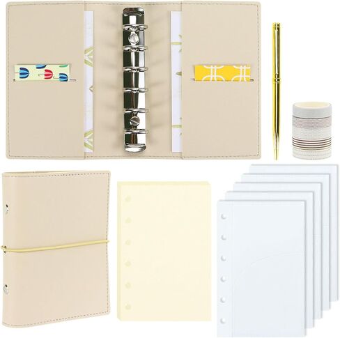 Koqye A7 Leather Journal & Notebook Cover Set - Refillable Grey Leather Binder with Divider Pockets, Washi Tapes, Blank Refill & Gold Pen - Portable Leather Journal Gift for Women Men (Grey) in Saudi Arabia