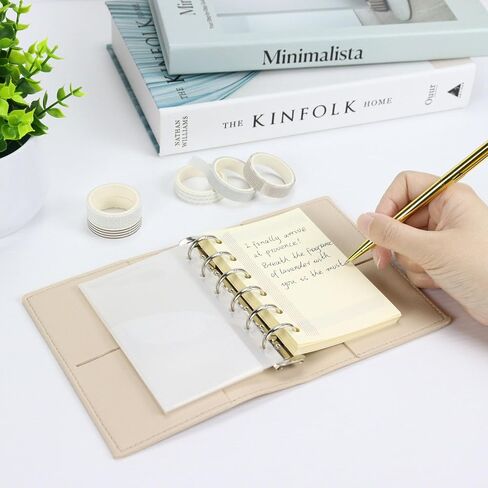 Koqye A7 Leather Journal & Notebook Cover Set - Refillable Grey Leather Binder with Divider Pockets, Washi Tapes, Blank Refill & Gold Pen - Portable Leather Journal Gift for Women Men (Grey) in Saudi Arabia