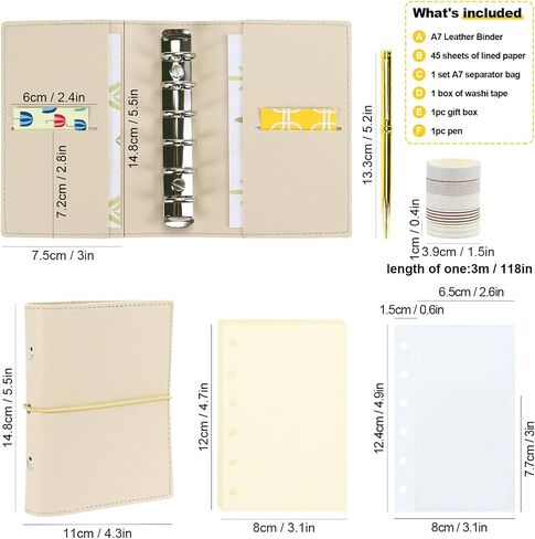Koqye A7 Leather Journal & Notebook Cover Set - Refillable Grey Leather Binder with Divider Pockets, Washi Tapes, Blank Refill & Gold Pen - Portable Leather Journal Gift for Women Men (Grey) in Saudi Arabia