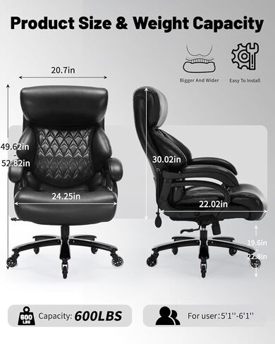 600LBS Large Heavy Duty Office Chair,Big and Tall Office Chair for Heavy People, High Back Executive Desk Chair with Pocket Spring Cushion, Extra Wide Desk Chair with Quiet Rubber Wheel (black) in Saudi Arabia