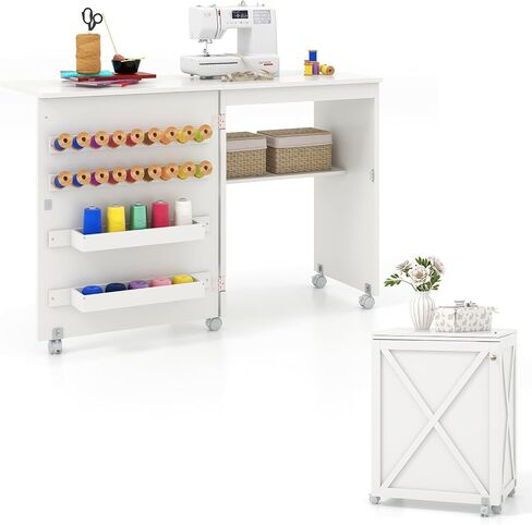 Giantex Folding Sewing Table - Farmhouse Sewing Machine Cabinet with Barn Door, 18 Pegs, 2 Storage Trays, Craft Station Side Desk Cart on Lockable Wheels (White, 46''L x 16''W x 30''H) in Saudi Arabia