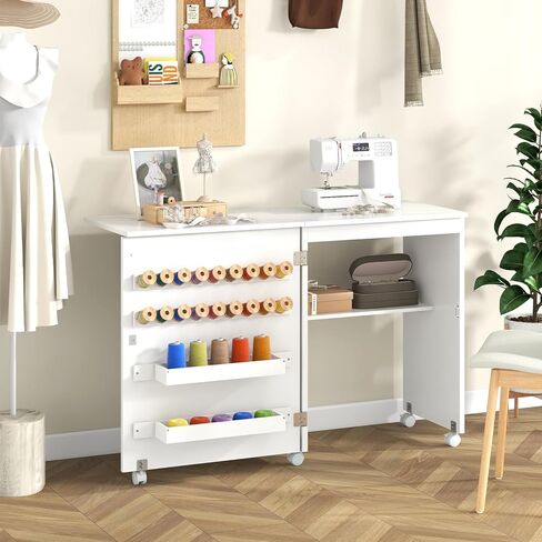 Giantex Folding Sewing Table - Farmhouse Sewing Machine Cabinet with Barn Door, 18 Pegs, 2 Storage Trays, Craft Station Side Desk Cart on Lockable Wheels (White, 46''L x 16''W x 30''H) in Saudi Arabia