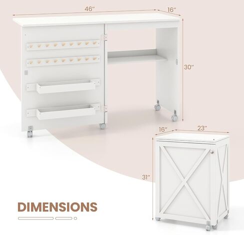 Giantex Folding Sewing Table - Farmhouse Sewing Machine Cabinet with Barn Door, 18 Pegs, 2 Storage Trays, Craft Station Side Desk Cart on Lockable Wheels (White, 46''L x 16''W x 30''H) in Saudi Arabia