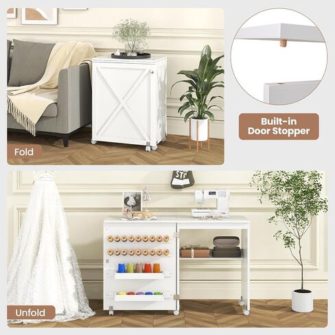 Giantex Folding Sewing Table - Farmhouse Sewing Machine Cabinet with Barn Door, 18 Pegs, 2 Storage Trays, Craft Station Side Desk Cart on Lockable Wheels (White, 46''L x 16''W x 30''H) in Saudi Arabia