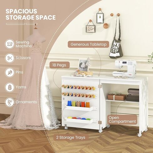 Giantex Folding Sewing Table - Farmhouse Sewing Machine Cabinet with Barn Door, 18 Pegs, 2 Storage Trays, Craft Station Side Desk Cart on Lockable Wheels (White, 46''L x 16''W x 30''H) in Saudi Arabia