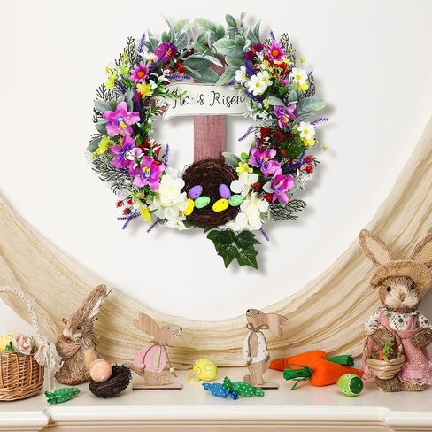 لافتة باب من He is Risen مقاس 45.72 سم إكليل عيد الفصح للتعليق مع باقة متقاطعة من إكليل الربيع الزنبق محاكاة إكليل زهرة النبات وإكليل العنب وإكليل عيد الفصح الربيعي in Kuwait