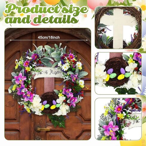 لافتة باب من He is Risen مقاس 45.72 سم إكليل عيد الفصح للتعليق مع باقة متقاطعة من إكليل الربيع الزنبق محاكاة إكليل زهرة النبات وإكليل العنب وإكليل عيد الفصح الربيعي in Kuwait
