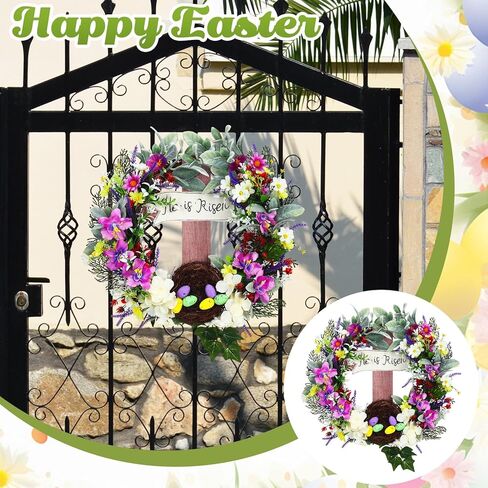 لافتة باب من He is Risen مقاس 45.72 سم إكليل عيد الفصح للتعليق مع باقة متقاطعة من إكليل الربيع الزنبق محاكاة إكليل زهرة النبات وإكليل العنب وإكليل عيد الفصح الربيعي in Kuwait