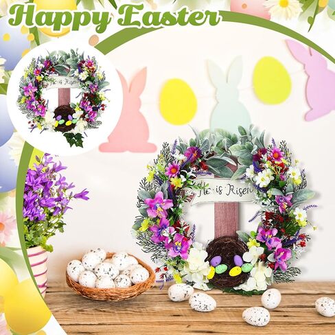 لافتة باب من He is Risen مقاس 45.72 سم إكليل عيد الفصح للتعليق مع باقة متقاطعة من إكليل الربيع الزنبق محاكاة إكليل زهرة النبات وإكليل العنب وإكليل عيد الفصح الربيعي in Kuwait