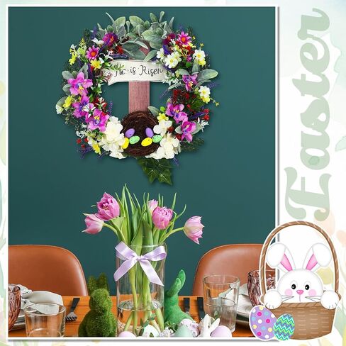 لافتة باب من He is Risen مقاس 45.72 سم إكليل عيد الفصح للتعليق مع باقة متقاطعة من إكليل الربيع الزنبق محاكاة إكليل زهرة النبات وإكليل العنب وإكليل عيد الفصح الربيعي in Kuwait