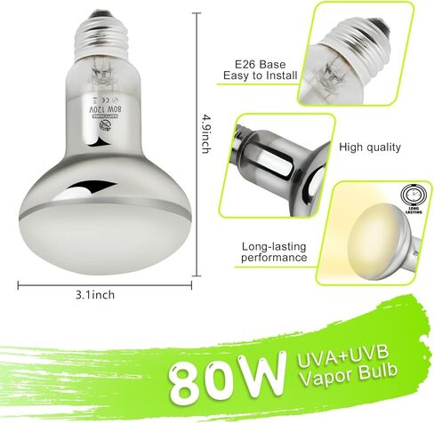 80W UVA UVB Vapor Reptile Heat Lamp, High Intensity Self-Ballasted UVB Basking Lamp Bulb,Full Spectrum Sun Light for Reptiles and Amphibians in Kuwait