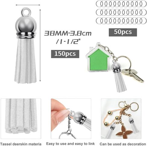 Tassels for Jewelry Making 150 Pieces White Leather Tassels Bulk 38mm Silver Cap Keychain Charms with 50pcs Jump Rings for DIY Jewelry Keychain Blanks Bracelet Crafting Supplies in Saudi Arabia