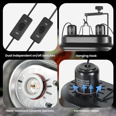 Simple Deluxe Dual Dome Reptile Light Fixture with Separate Switches, Fits Max 160W Reptile Heat Lamp/UVB Light, for Amphibians Terrarium and Tortoise Habitat in Saudi Arabia