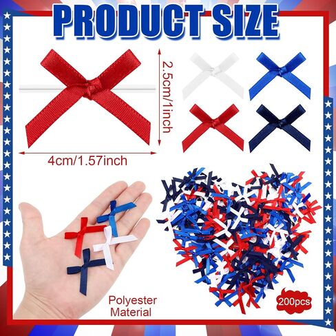 200 PCS Mini Red Blue White Bows صغير في الرابع من يوليو ، تويست تويست تويست ، أقواس الاستقلال يوم الاستقلال في الرابع من شهر يوليو ، شريط شجرة التغليف DIY Craft Party Decor (أسلوب مخطط) in Kuwait