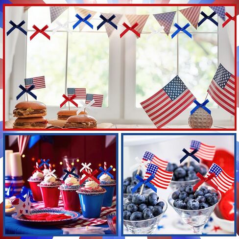 200 PCS Mini Red Blue White Bows صغير في الرابع من يوليو ، تويست تويست تويست ، أقواس الاستقلال يوم الاستقلال في الرابع من شهر يوليو ، شريط شجرة التغليف DIY Craft Party Decor (أسلوب مخطط) in Kuwait