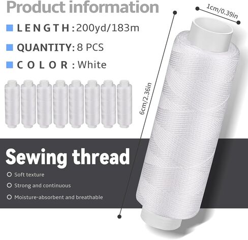 Bupete 2 Rolls White Thread for Sewing, 200 Yards Each Roll Sewing Thread, Polyester Threads for Sewing Machine Embroidery Hand Stitching in Kuwait