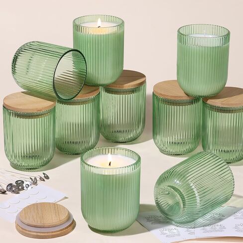 12PCS Milky White Ribbed Candle Jars for Making Candles, 8.5 OZ Empty Glass Candle Making Jars with Bamboo Lids, Candle Wick Kit and Sticky Warning Labels, Candle Vessels for Candle Making in Saudi Arabia