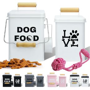 Metal Dog Treat Container Set of 2-9.5x5.9In&8.6x5In Beige Dog Treat Jars with Airtight Lids, Includes Scoop & Dog Toy - Pet Treat Canister, Dog Cookie Jar, Treat Storage for Kitchen Counter