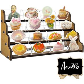 AerWo Sticker Display Stand, Greeting Card Display Stand for Vendor, 4 Tier 16 Shelves Portable Wooden Stickers Display Rack for Retail Counter Events for Postcard Brochure Photos Picture Display