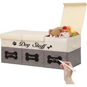 Qozary Dog Toy Storage Box with Diy Tag, 3 Grids Large Dog Toy Basket with Lid, Foldable Storage Box To Keep Your Pet Supplies Organized
