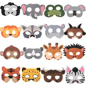 16 PCS Mask Animal Mask ، Safari Animal Masks for Kids ، Jungle موضوع حيوانات الحيوانات الرسوم المتحركة ، والحيوانات زخارف حفلة عيد ميلاد ، وزينة حفلات الغابة