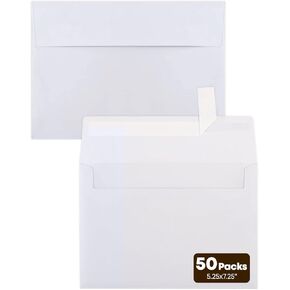 5x7 Envelopes, White A7 Envelopes, 50 Packs, Printable, Self Seal, Suitable for 5x7 Size Cards, Photos, Birthdays, Weddings, Graduations, Postcards and Other Uses, 5.25x7.25 Inches, White