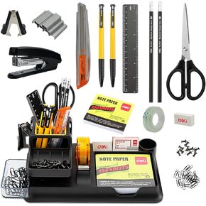 deli Black Office Desk Accessories Supplies, 17pcs Desk Organizers and Accessories with 4 pens,Tape dispenser,Stapler,Staples,Staple Remover,Pen Holder,Scissor,Ruler,Eraser,Note Pad,Cutter,Clips Set