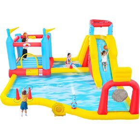 Inflatable Water Slides Park with Blower, Bouncy Castle with Climbing Wall, Dual Water Cannons, Dual Basketball Hoops, Dartboard, Ring Toss, Deep Pool