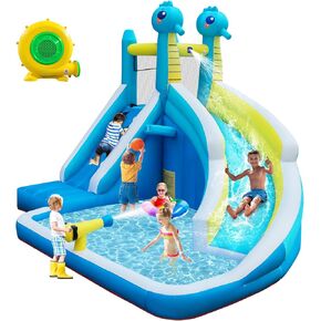 Seahorse Inflatable Water Slide for Kids Backyard | 5-in-1 Blow Up Splash Park with Climbing Wall, WaterSlide, Water Cannon, Basketball Hoop & 480W Blower| Indoor/Outdoor Toys for Ages 3+