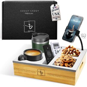 Couch Caddy with Cup Holder Tray Silicone & Bamboo with a Fully Flexible 360° Phone Mount That adapts to Any Viewing Angle – Multifunctional Organizer.