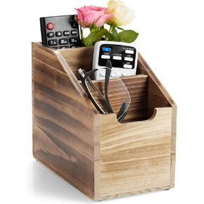 Remote Control Holder, TV Remote Holder, Wood Farmhouse Remote Caddy for Table, Remote Organizer Caddy with 3 Slots, Remote Storage Box for Home Office, Rustic White