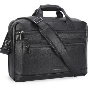 Masa Kawa Men’s Leather Briefcase for 16" Laptop Waterproof Crossbody Shoulder Messenger Bag Computer Attache Case for Business Travel Work, Black