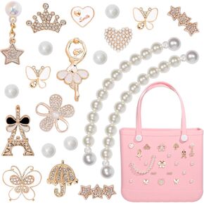 Charms for Bogg Bag, Pearls Butterfly Flowers & Chain Cute Decorative Pearl Charms Accessory Compatible with Rubber Simply Southern Beach Bag, Insert for Beach Tote (21 Pcs)