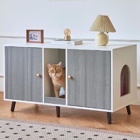 Litter Box Enclosure for 2 Cats - 42.5" Double Room Cat Litter Box Cabinet Furniture with Scratching Pad, Indoor Hidden Cat Litter Box Storage Washroom, End Table Side Table, Grey