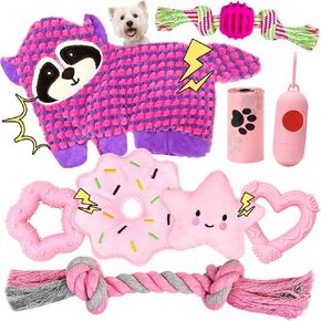 9 Pack Cute Squeaky Dog Toys for Small Dogs, Interactive Rope Puppy Chew Toys for Teething, No-Stuffing Raccoon-Shaped Dogs Toy with Squeaker & Crinkle, Pink Small Dog Toys to Keep Them Busy
