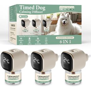 Dog Calming Pheromones Diffuser 6 in 1 Appeasing Relaxing Diffuser with Timing Function Pet Kit (3 Plug in +3 Refill 48ml) for Anxiety Relief Reduce Aggression Barking Fighting Stress (Tasteless)