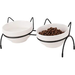 2PCS Ceramic Cat Bowl Raised Bowls for Indoor Cats, Elevated Double Bowls for Food and Water, Puppy Dishes with Metal Stand, Stress Free Anti Vomite Cat and Small Dog Eating Station