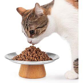Elevated Wood-Base Cat Bowl – 6.9″ Whisker-Friendly Stainless Steel Feeding Dish for Indoor Cats (Basic Plain)