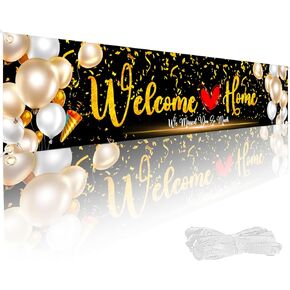 Welcome Home Banner - Large 6x1.3ft Black & Gold Party Decor with 19.69ft Ribbon & Brass Grommets for Homecoming, Reunion - Durable Double-Stitched Polyester, Photo Backdrop