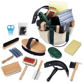 13-Piece Wooden Horse Grooming Kit - Professional Horse Brush Set, Horse Care Tools with Ergonomic Handles, Including Brushes, Combs, Storage Bag and More - for Daily Grooming and Cleaning of Horses