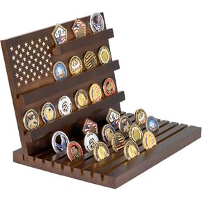 Challenge Coin Display,Wooden Military Coin Holder Display for Desktop or Award Ceremony, Deepened Anti-Slip Grooves Large Capacity of 80 Coins (Walnut)